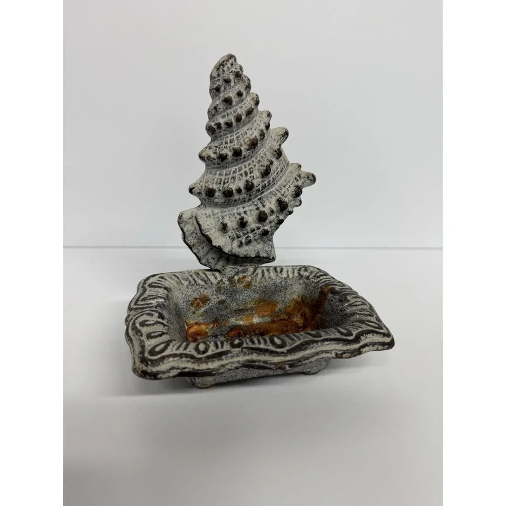 Vtg Rustic conchshell Cast Iron Free Standing‎ Soap Dish Rustic Bath Decor .